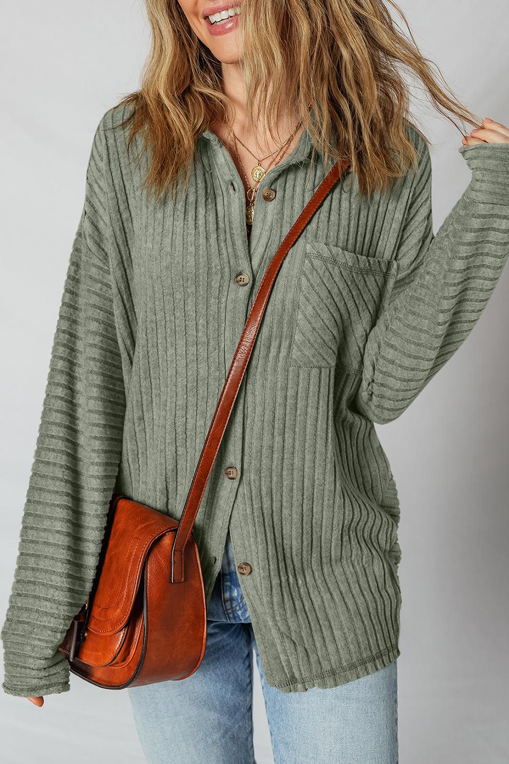 Mist Green Thermal Ribbed Texture Button Up Shacket