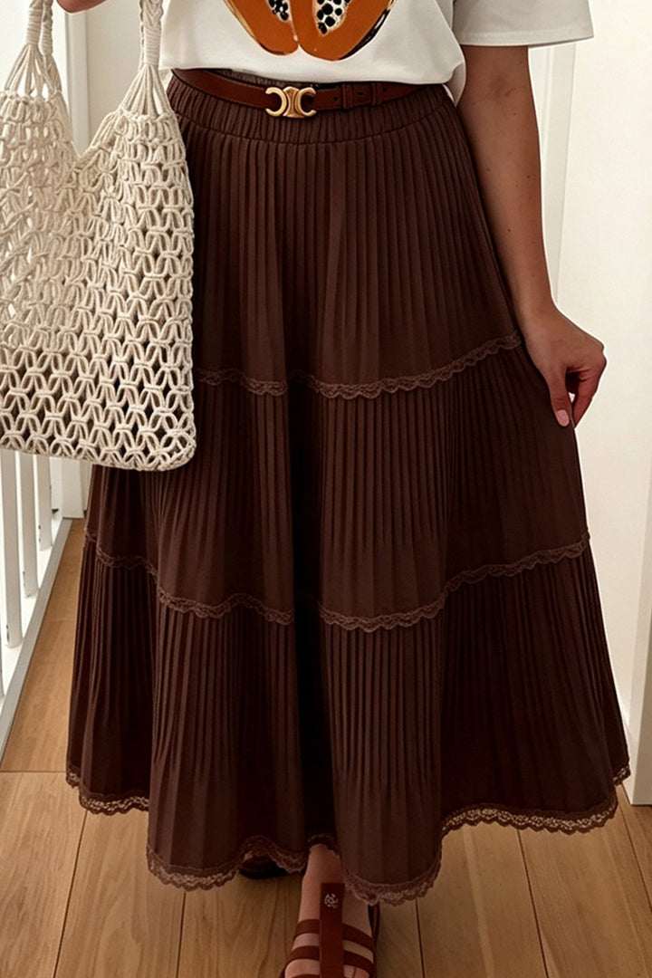 Coffee Solid Color Pleated Lace Trim Tiered Long Skirt