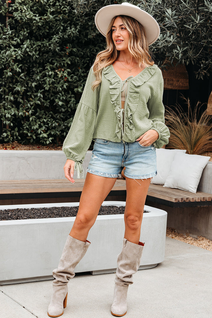 Bow Tie Front Ruffle Trim V Neck Long Sleeve Gauze Blouse