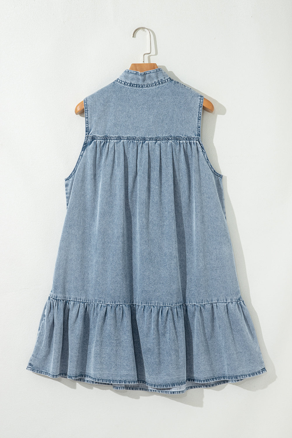 Bowknot Neck Sleeveless Ruffled Chambray Dress