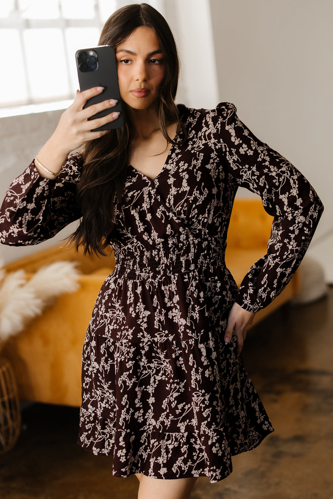 Ditsy Floral Print Split Neck Long Sleeve Shirred Waist Flared Mini Dress