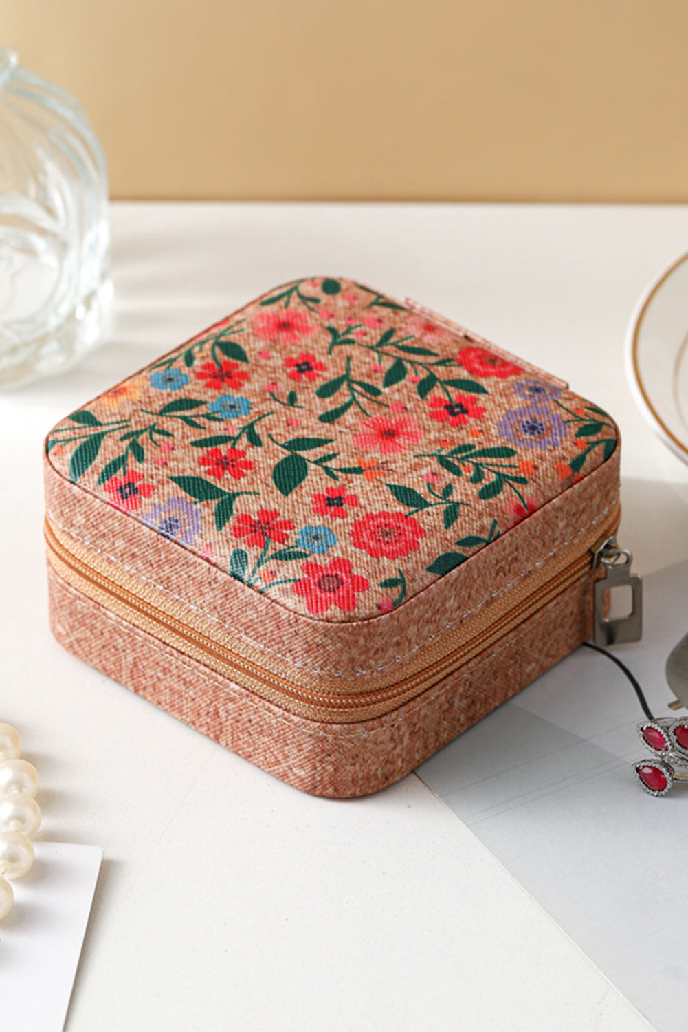 Retro Floral Print Portable Square Jewelry Box