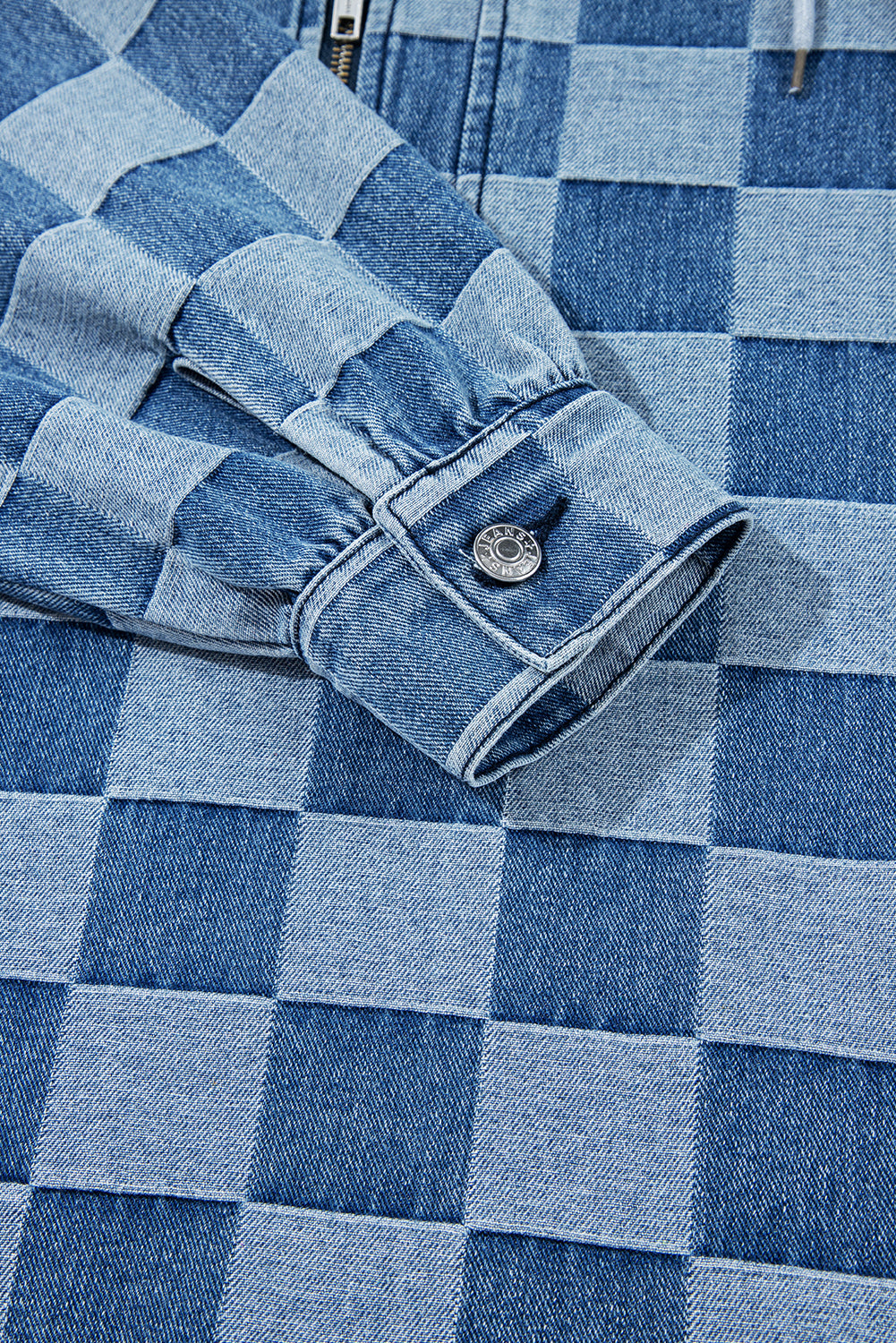 Checkerboard Zipped Neck Kangaroo Pocket Denim Hoodie