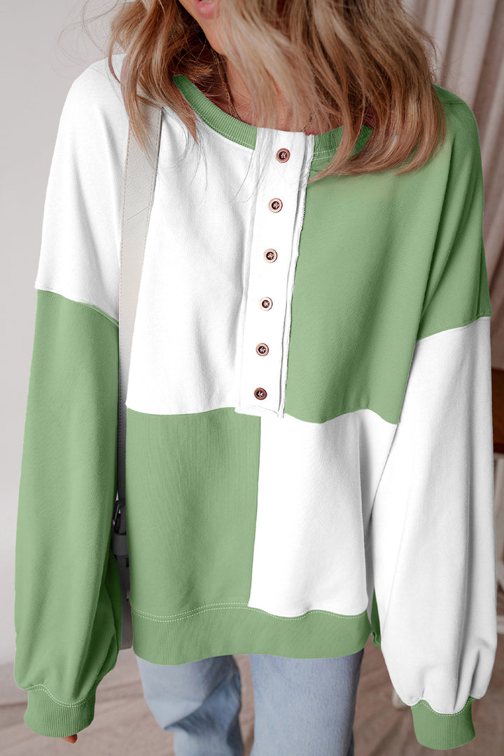 Colorblock Henley High Low Oversize Sweatshirt