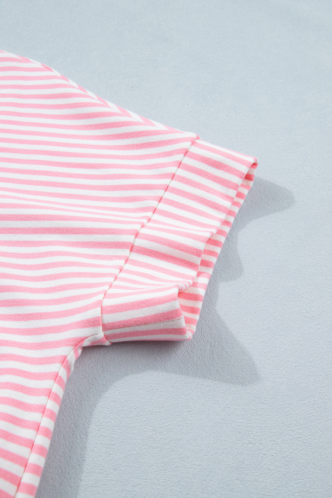 Pink Stripe Cuffed Sleeve Contrast Mock Neck Tee Casual 2pcs Short Set