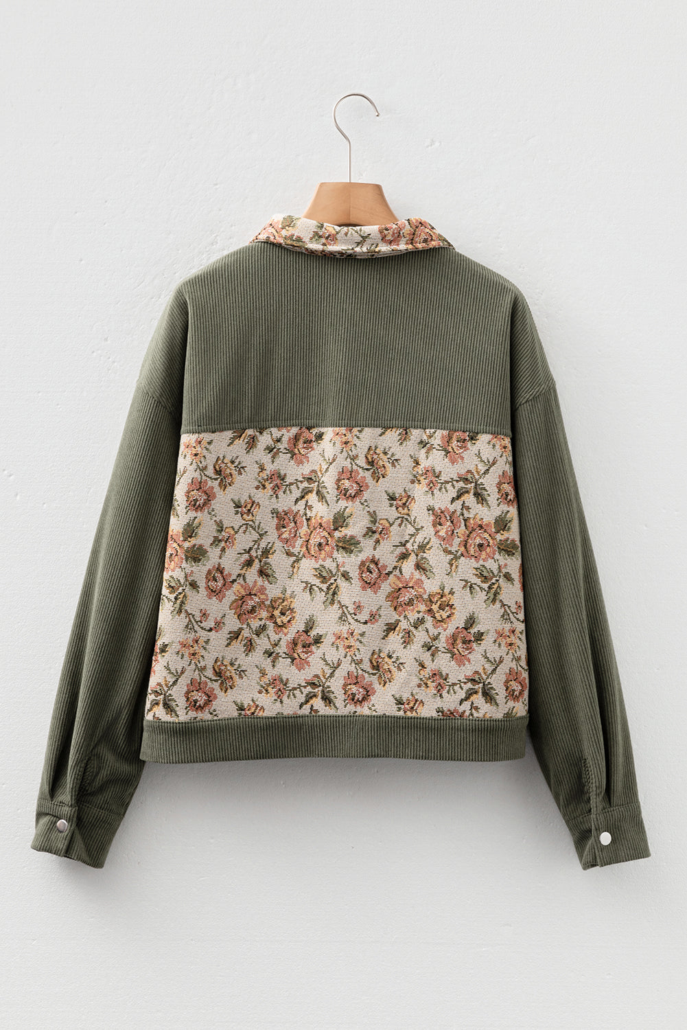 Green Ribbed Retro Floral Patchwork Shirt Style Jacket