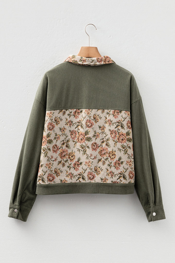 Green Ribbed Retro Floral Patchwork Shirt Style Jacket