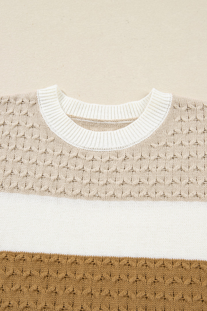 Brown Mixed Texture Knit Striped Color Block Loose Sweater