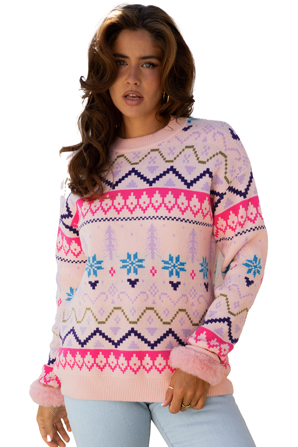Ethnic Christmas Pattern Knit Feather Cuffed Sweater