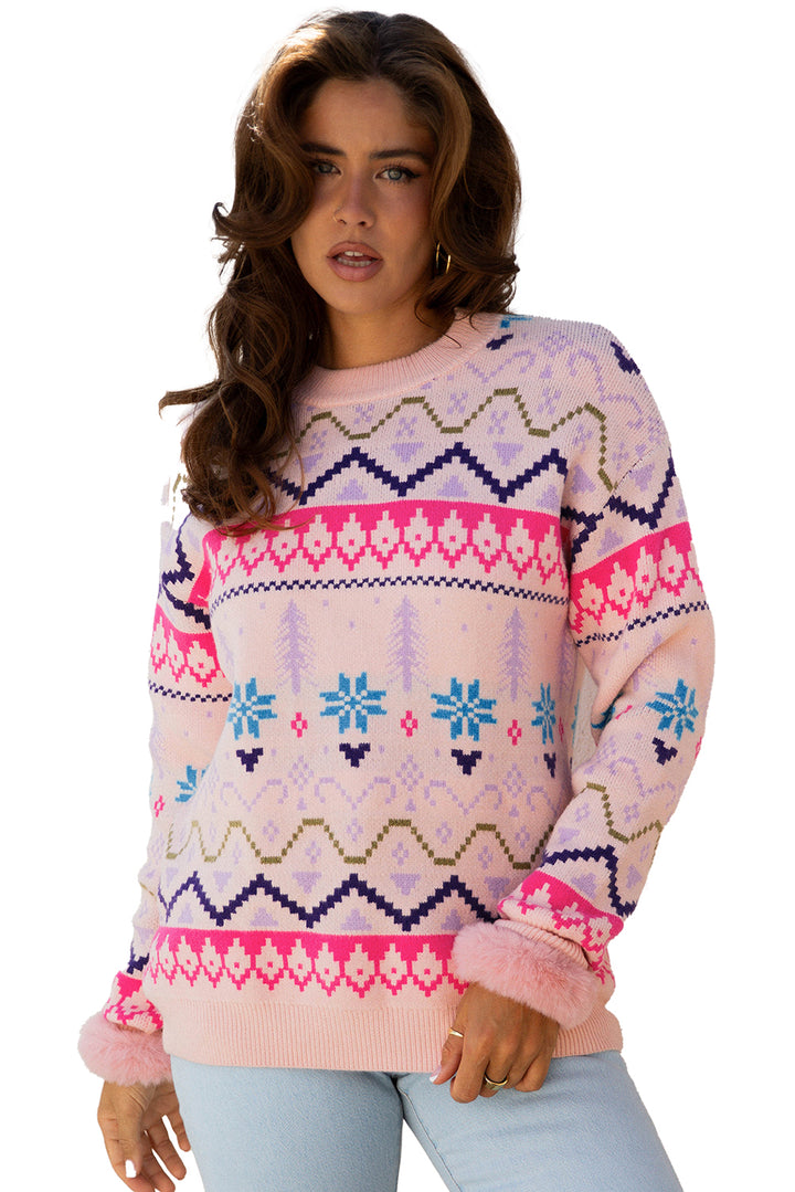 Ethnic Christmas Pattern Knit Feather Cuffed Sweater
