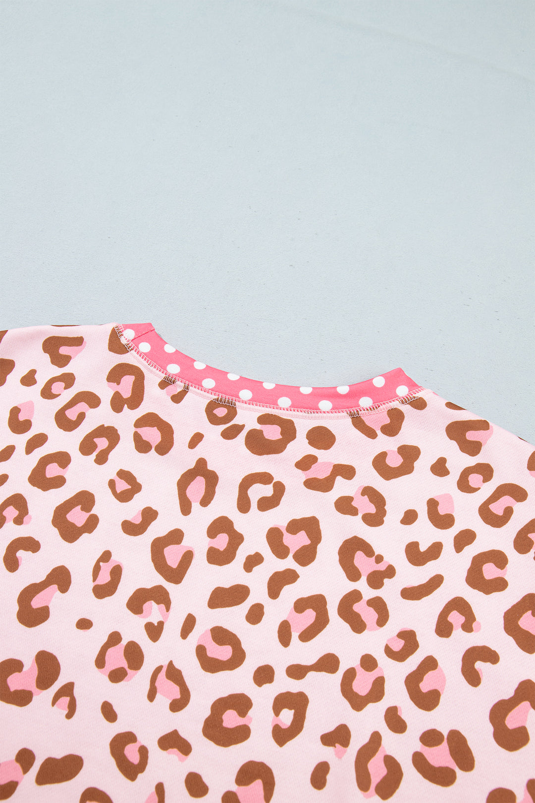 Pink Leopard Polka Dot Colorblock Trim Long Sleeve Top