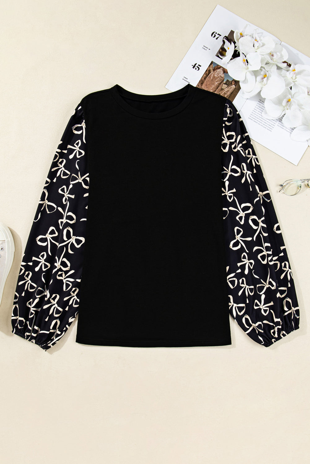 Black Bow Knot Patchwork Crewneck Plus Size Blouse