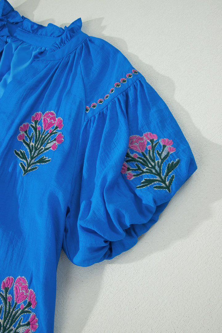 Blue Flower Embroidered Split Neck Short Sleeve Ruffle Hem Dress