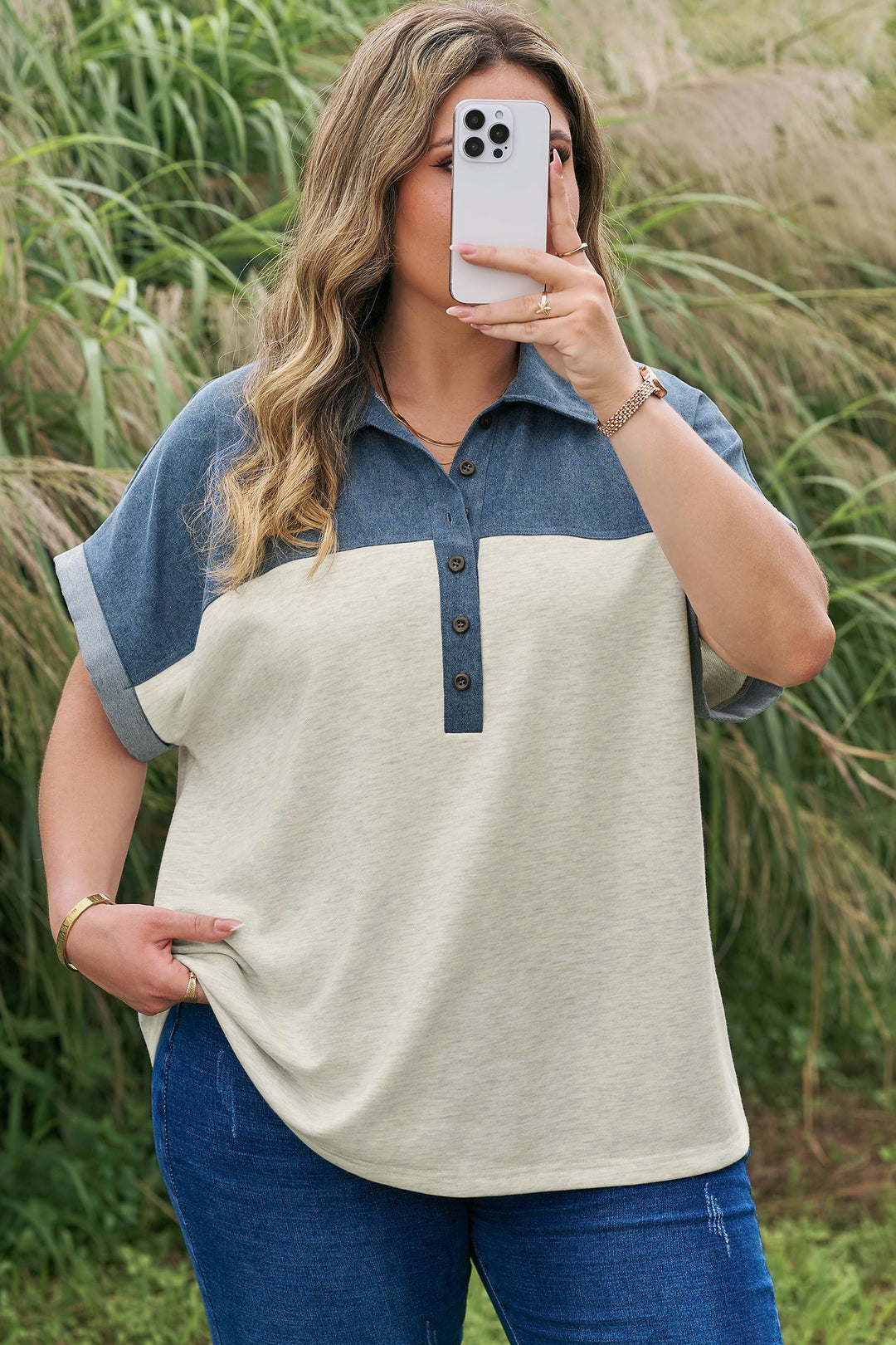 Light Grey Half Buttons Collared Denim Plus Short Sleeve Top