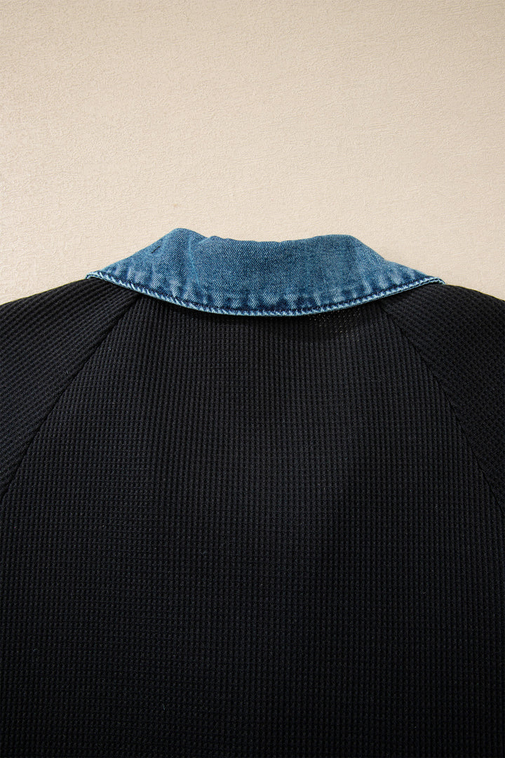 Black Waffle Knit Denim Contrast Trim Patchwork Button Polo Tee Dress