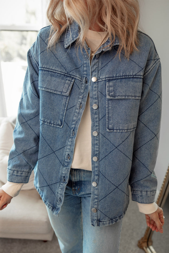 Ashleigh Blue Rhombus Stitched Pattern Button Pocketed Denim Jacket