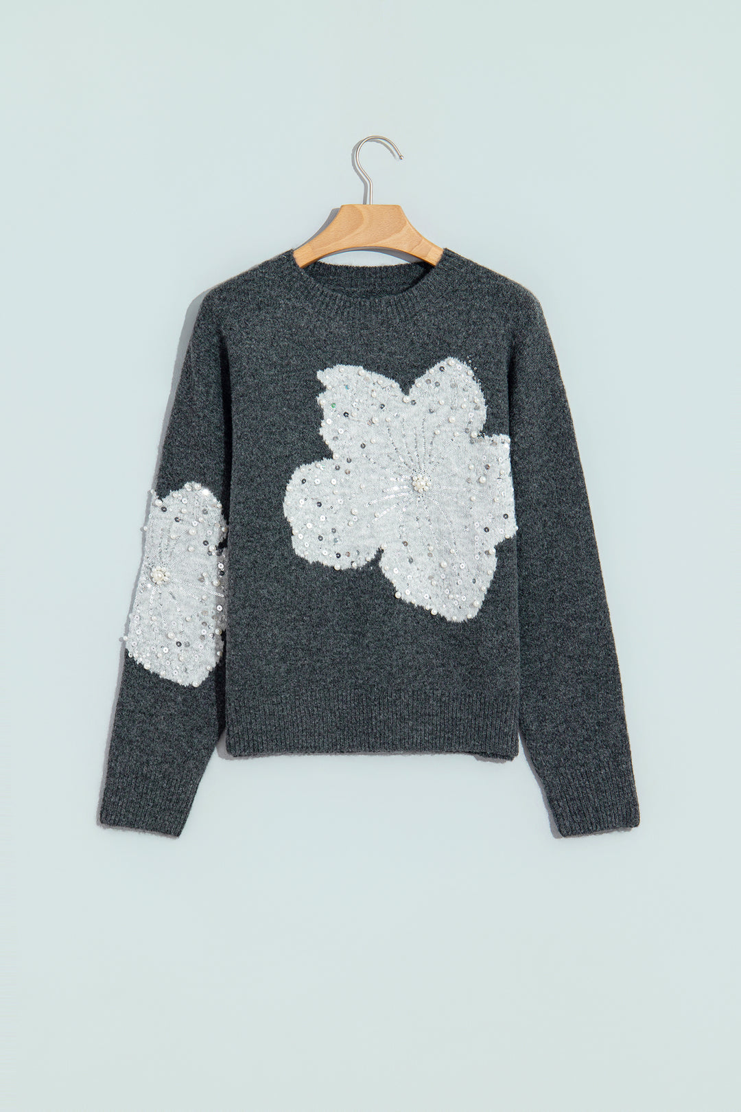 Dark Grey Beaded Floral Accent Casual Round Neck Sweater