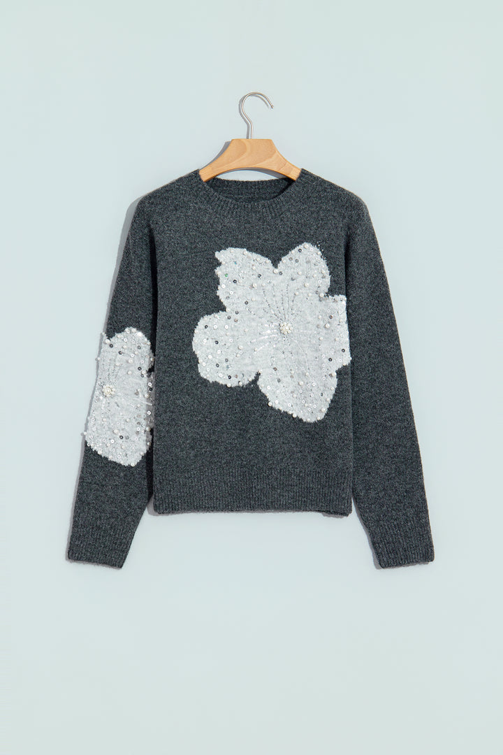 Dark Grey Beaded Floral Accent Casual Round Neck Sweater
