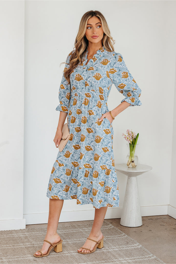 Floral Printed Frilled V Neck Bracelet Sleeve Long Dress