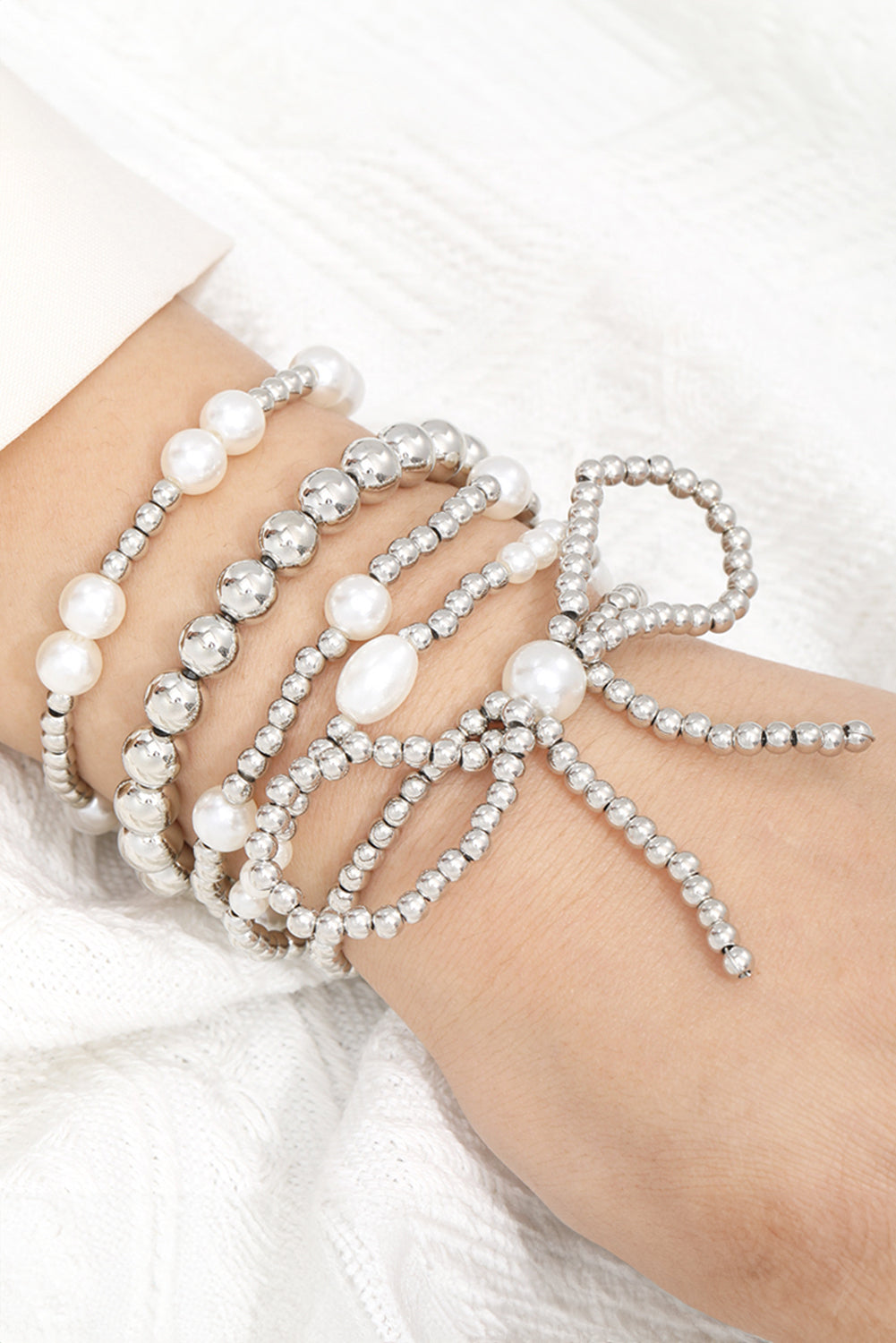 Bow Knot Pearl Beaded Multi Layered Bracelet Set