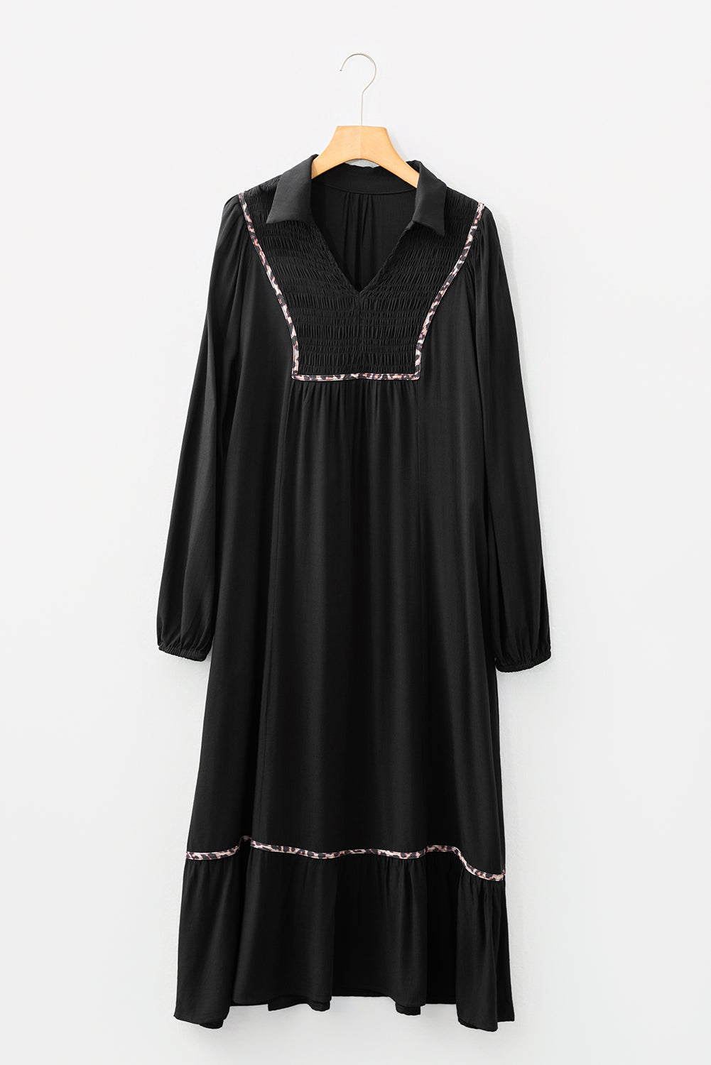 Black Contrast Leopard Trim Bracelet Sleeve Long Dress