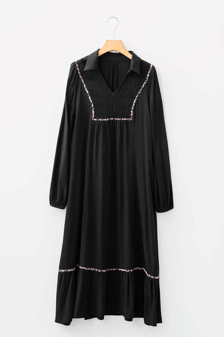 Black Contrast Leopard Trim Bracelet Sleeve Long Dress