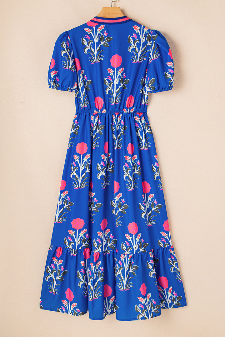 Blue Floral Puff Short Sleeve Maxi Dress