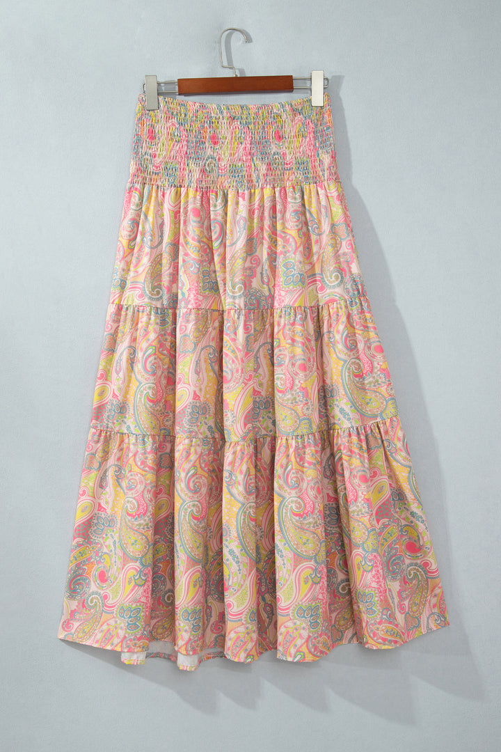 Gossamer Pink Boho Vintage Paisley Print Tiered Long Skirt
