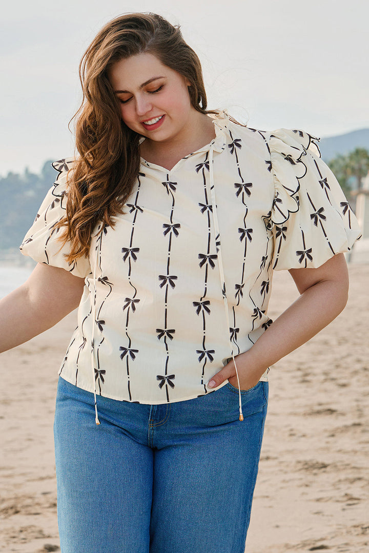 Bow Printed Ruffled Bubble Sleeve Lace-up Notched Neck Plus Size Blouse