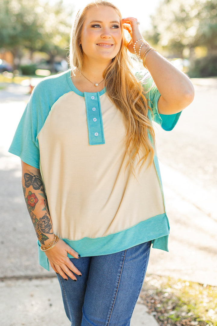 Color Block Raglan Sleeve Buttoned Plus Size T Shirt