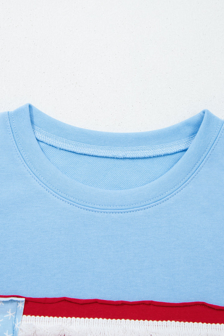 Mist Blue USA Flag Textured Patchwork Cap Sleeve Tee