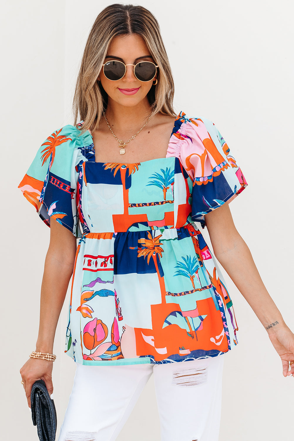 tropical printed square neck flutter sleeve babydoll blouse