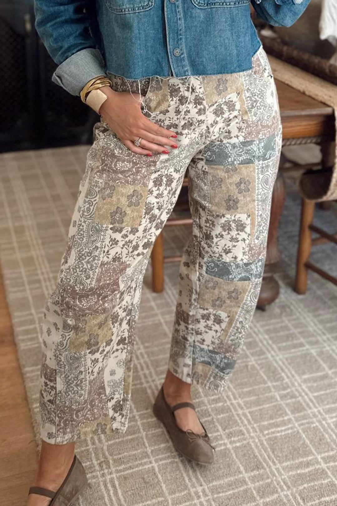Multicolour Boho Floral Patchwork Western Print Straight Leg Ankle-Length Jeans