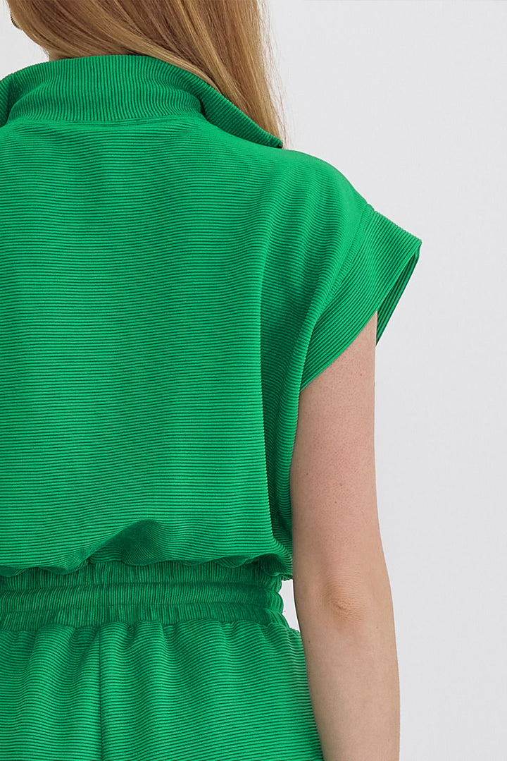 Bright Green Textured Short Sleeve Half Zip Drawstring Elastic Waistband Romper