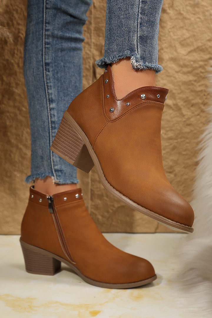 Studded Faux Leather Chunky Heel Ankle Boots