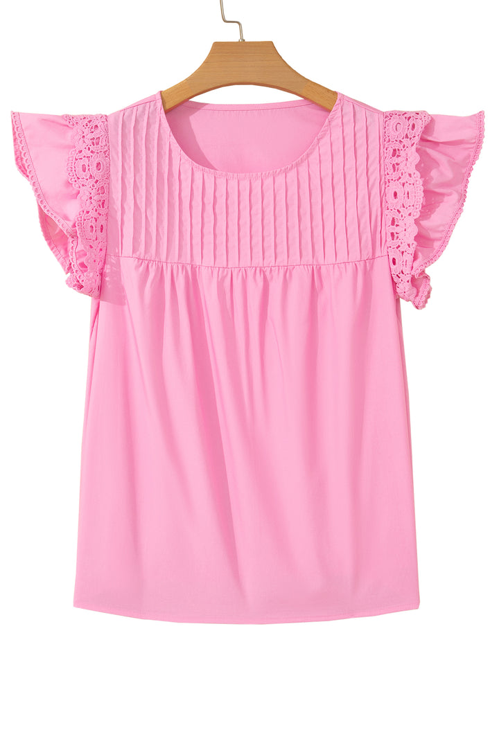 Bonbon Lace Detail Flutter Sleeve Pleated Round Neck Blouse
