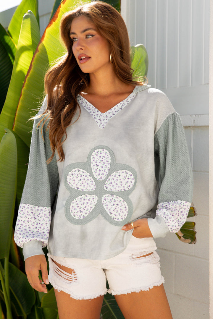 Floral Patched Waffle Textured Colorblock V Neck Casual Hooded Top
