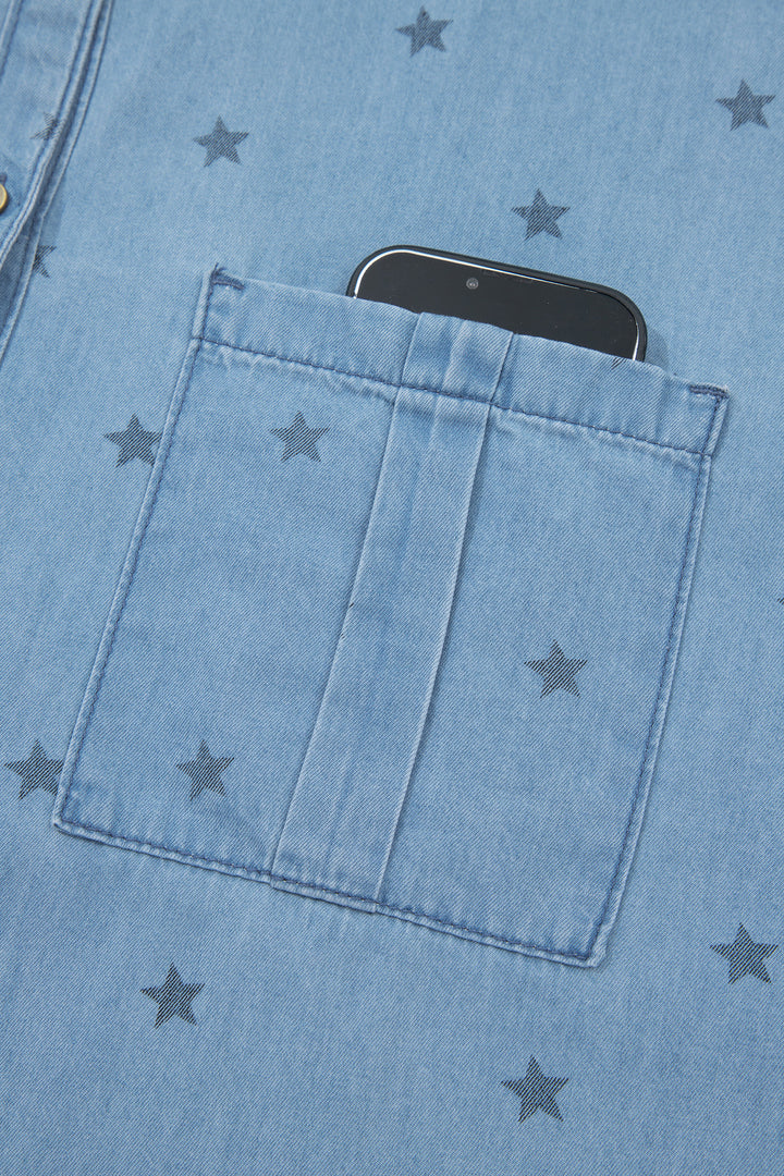 Star Allover Print Double Chest Pocket Short Sleeve Denim Shirt