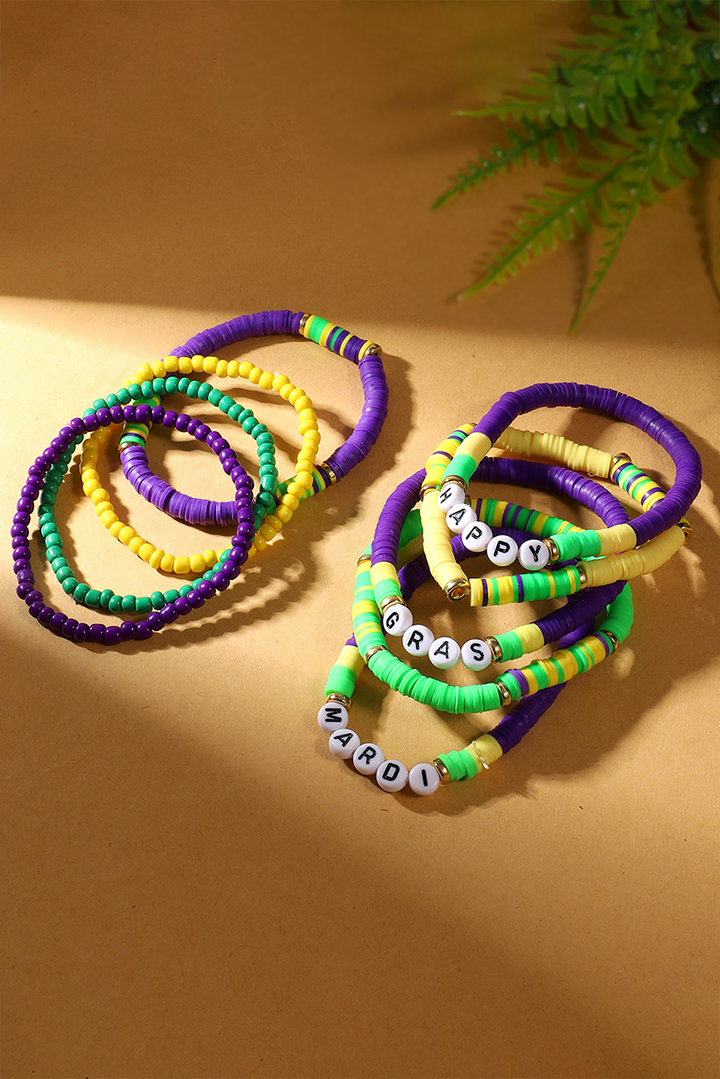 Ensemble de bracelets superposés en perles Happy Mardi Gras