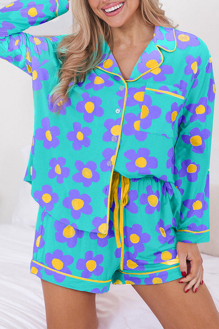 flower print long sleeve shirt shorts pajamas set 2
