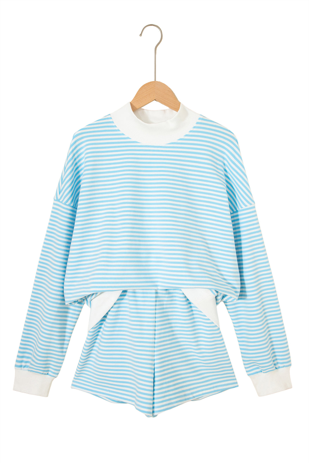 Sky Blue Stripe Oversize Mock Neck Sweatshirt and Shorts Set