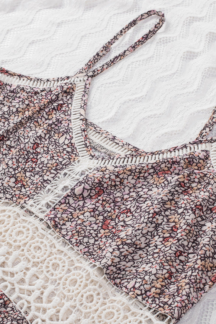 Floral Print Lace Crochet Spaghetti Strap Tank Top