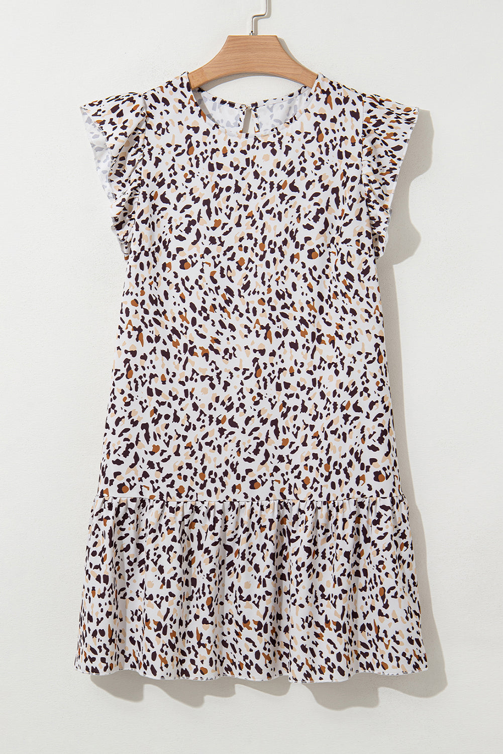 Mini-robe léopard à volants et manches flottantes avec dos en trou de serrure
