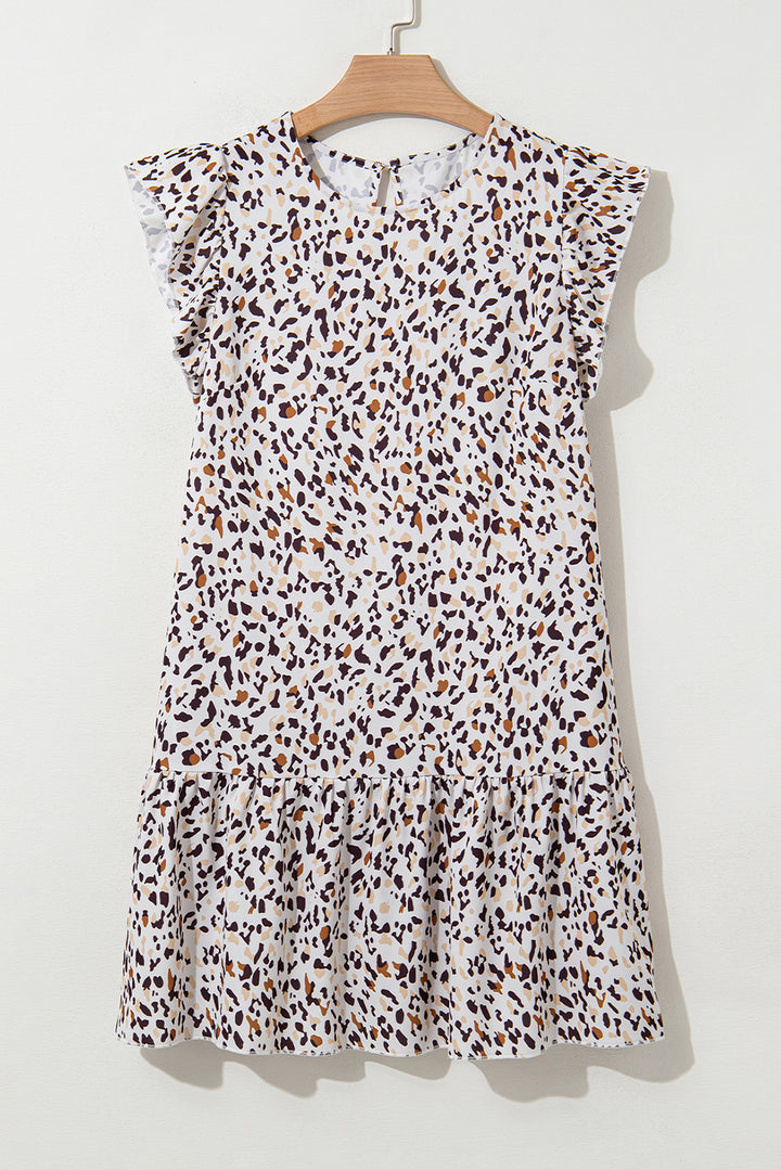 Mini-robe léopard à volants et manches flottantes avec dos en trou de serrure