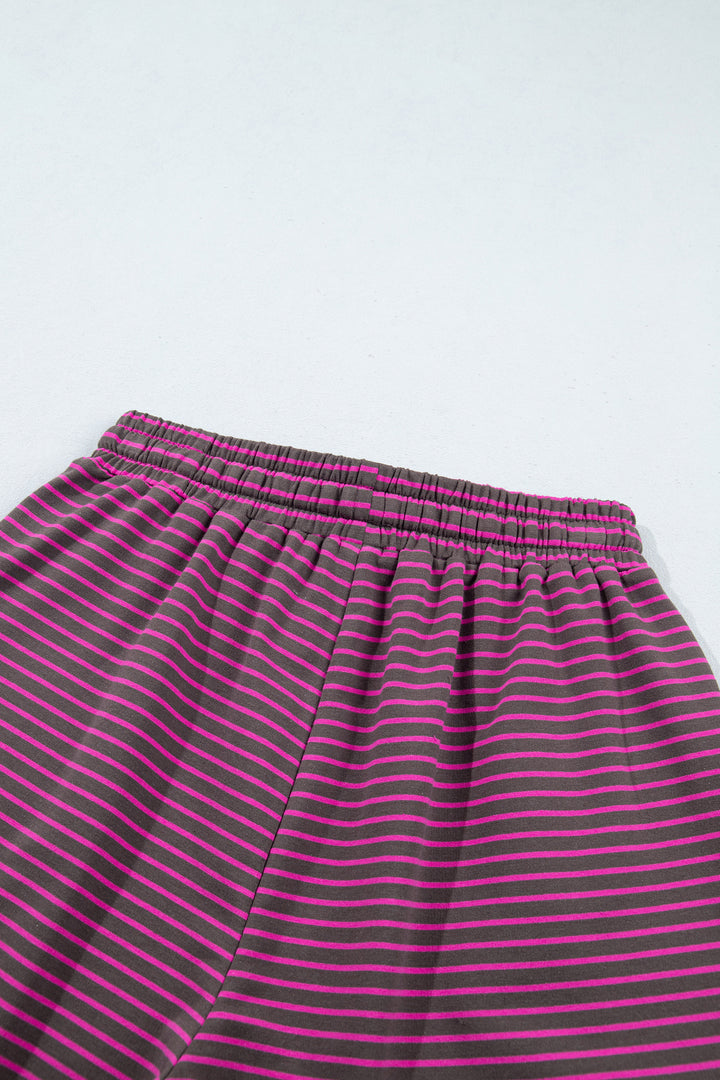 Brown Ribbed Patchwork Mock Neck Baggy Pullover Matching Shorts Set