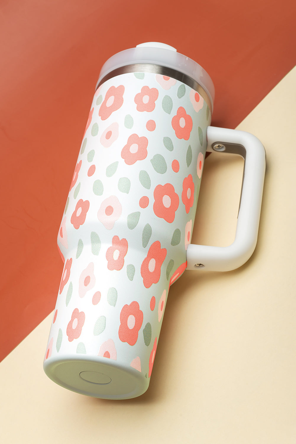 Großer tragbarer Edelstahlbecher mit Blumen- und Blätterdruck, 40 oz