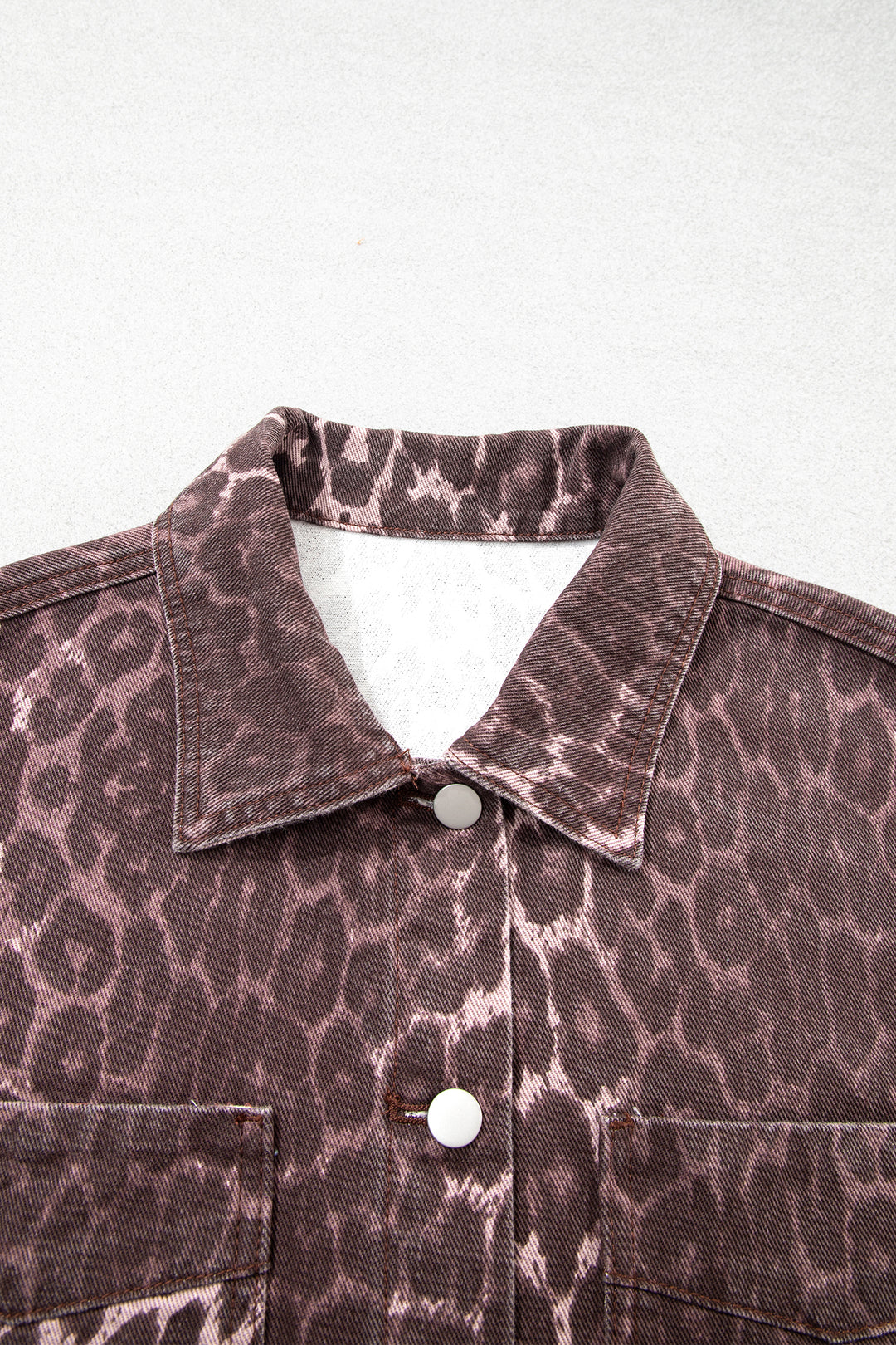 Khaki Oversized Leopard Print Long Sleeve Patch Pocket Denim Jacket
