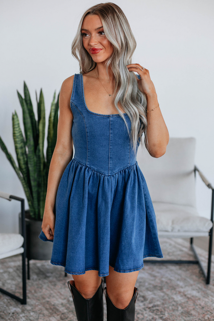 Square Neck Bowknot A-line Sleeveless Denim Dress