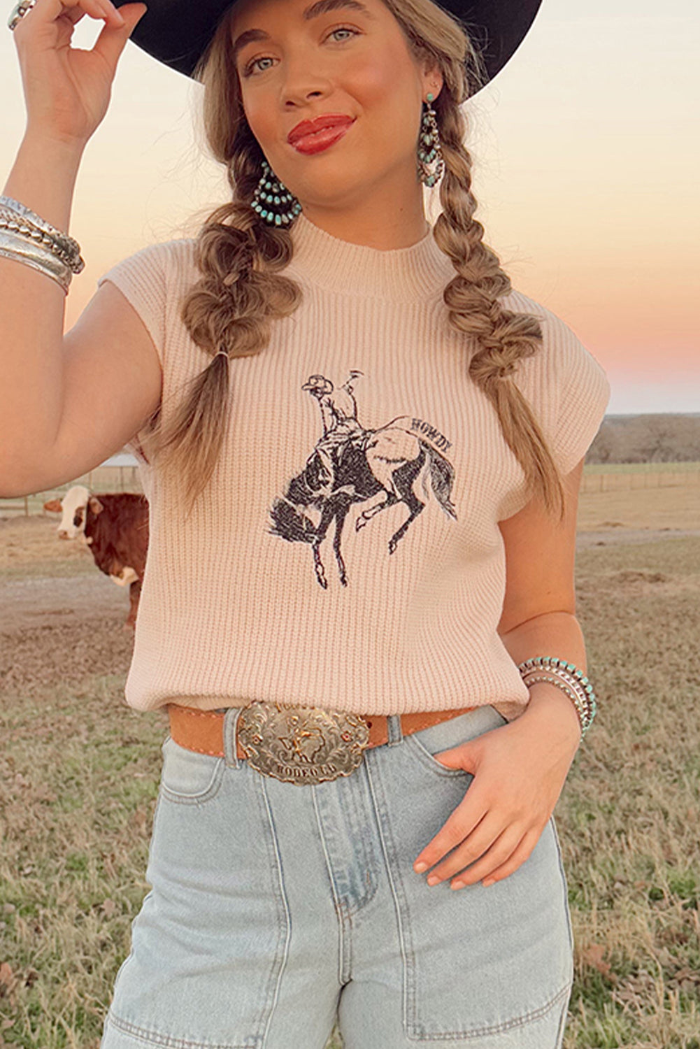 HOWDY Rodeo Cowboy Graphic High Neck Short Sleeve Sweater
