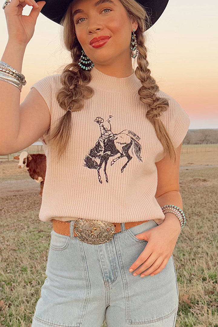 HOWDY Rodeo Cowboy Graphic High Neck Short Sleeve Sweater